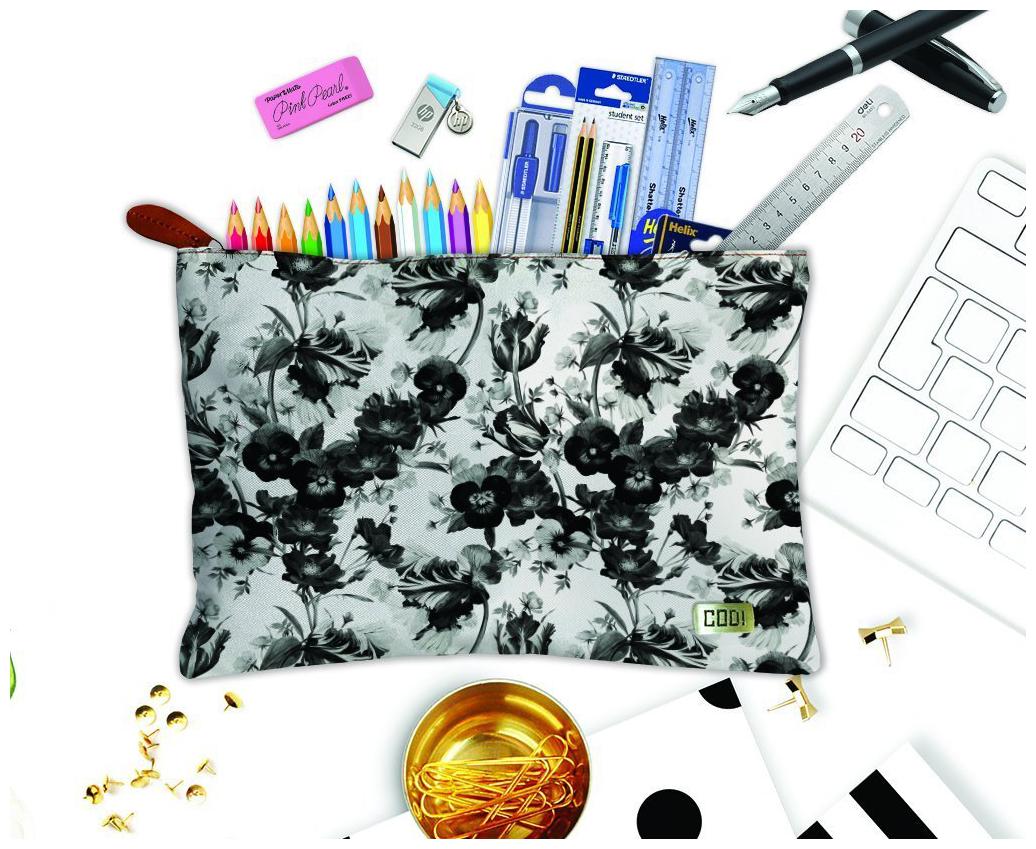 

Techbyte Poly-Cotton Printed Multipurpose Zipper Pouch Cosmetic Bag Travel Case For Girls Women and Gift Purpose (Black White Floral Print)