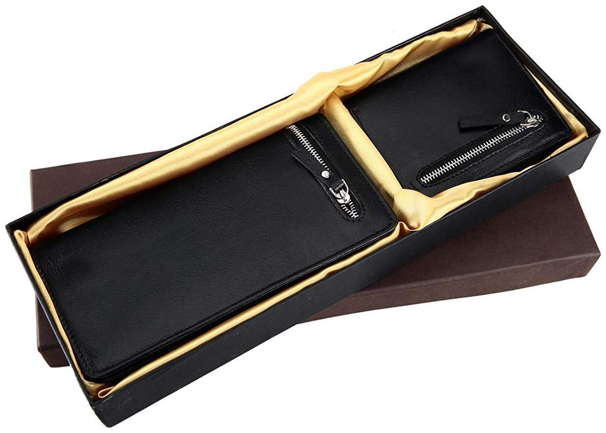 

Two-in-One Black Goat Leather Zipper Men s Women Wallet Set Birthday Gift