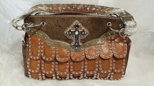 

WESTERN COWGIRL PURSE RHINESTONE BLING NEW BROWN AND TAN CROSS TOTE