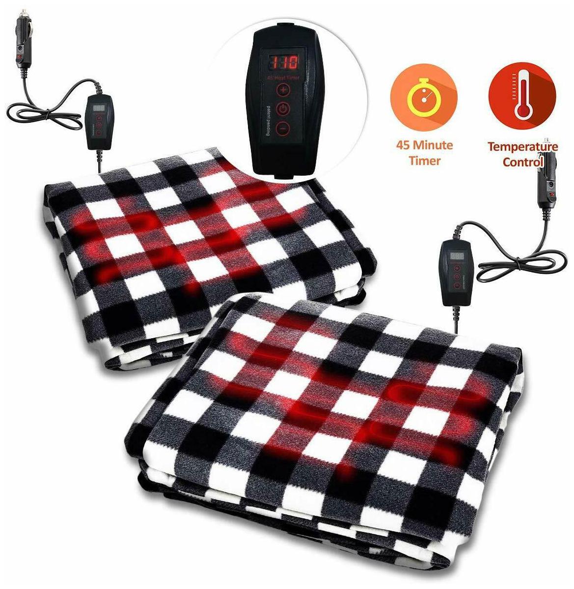 

Zone Tech 2x Car Heated Fleece Black Plaid Travel Blanket 45 Minute Safety Timer