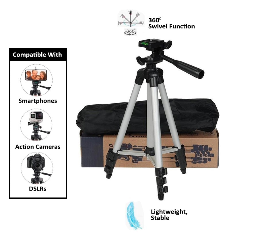 

CHG 3110 Foldable Camera Tripod with Mobile Clip Holder Bracket Fully Flexible Mount Cum Tripod Stand with 3D Head Quick Release Plate Black