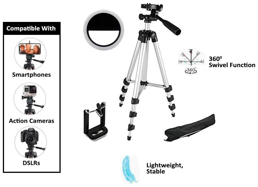 

Adjustable Aluminium Alloy 3110 Tripod Stand Holder for Mobile Phones Camera with FL-36 Double Bright Soft White Color Selfie Ring Light with 3 Modes and 36 LED for Smartphones Making TikTok Video