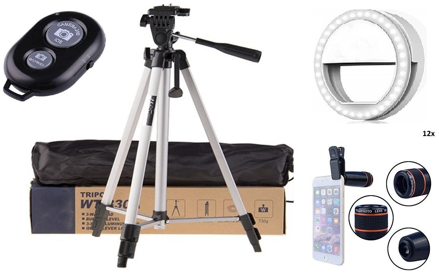 

ACCESORIES LEGACY 330A Long Lightweight Tripod Stand for Mobile Phone Bluetooth Shutter Remote Controller Soft White Color Selfie Ring Light with 3 Modes 36 LED and 12X Optical Zoom Lens