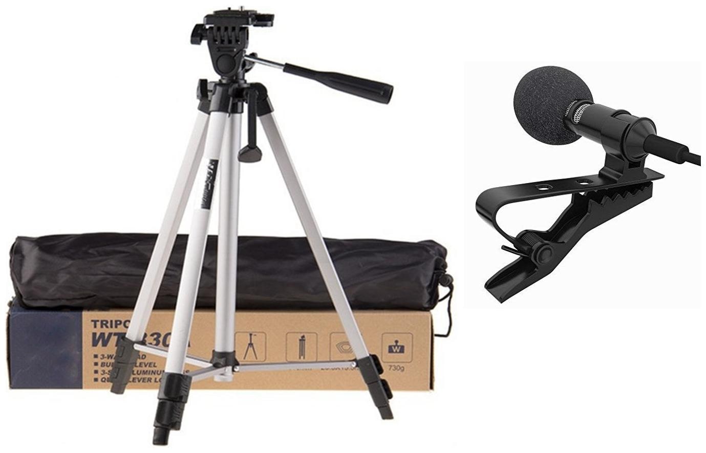 

ACCESORIES LEGACY Combo 3 in 1 Tripod 330A Long Lightweight Tripod Stand Mobile Clip Holder with Lapel Collar Mic Microphone Mike Cable Noise Cancelling Recording