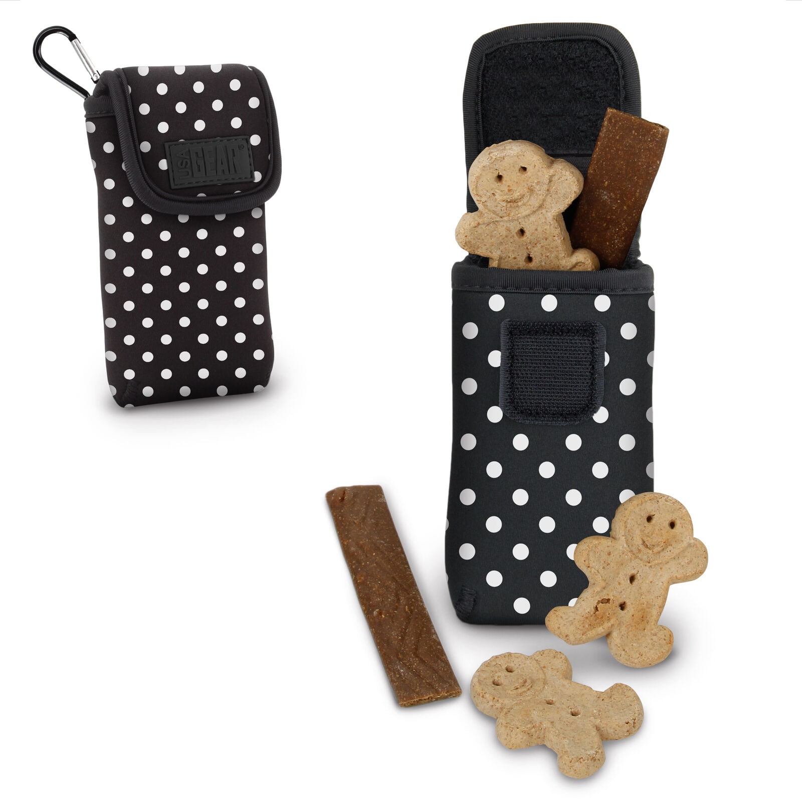 

Dog Treat Carrying Pouch with Internal Hook and Loop Pockets and Carabiner Clip