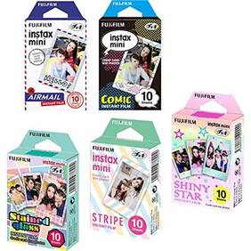 Fujifilm Instax Mini 5 Pack Bundle Includes Stained Glass/Comic/Stripe/Shiny Star/Airmail. 10 sheets X 5 Pack = 50 Sheets