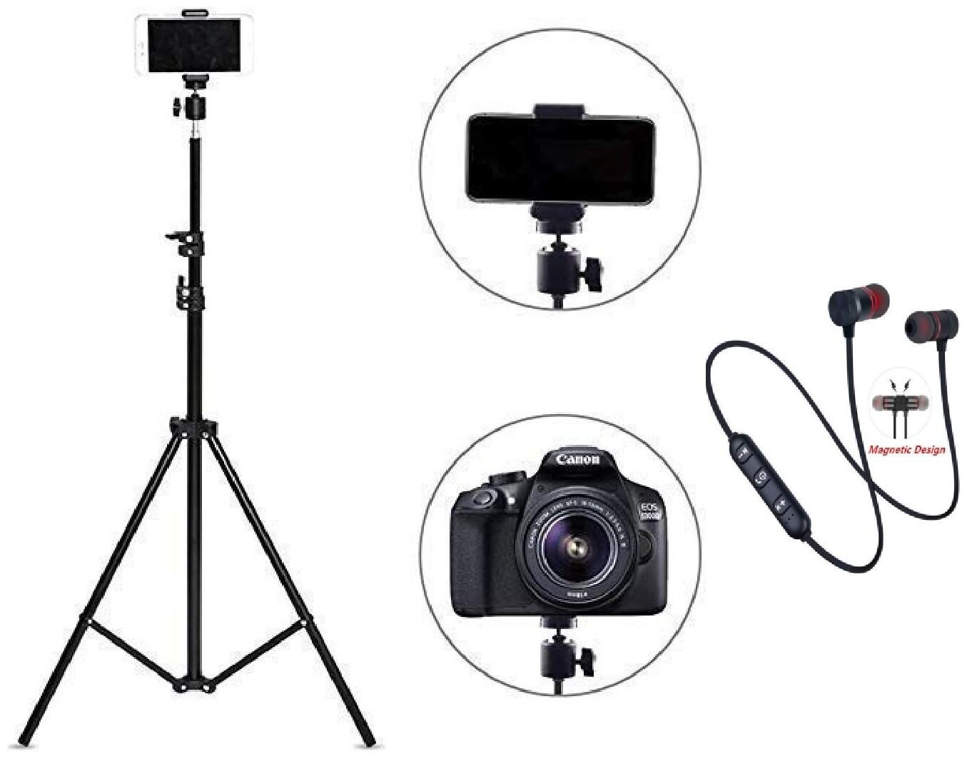 

G Gapfill 7ft 210cm Long Foldable Camera Tripod For All Smartphones And iOS Devices And Cameras With Free Bluetooth Earphones