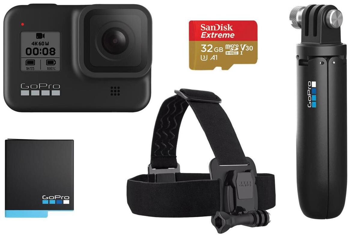 

GoPro Hero8 Black 12 MP Sports Action Camera with Holiday Bundle Pack (Head Strap Shorty Rechargeable Battery SanDisk 32GB Extreme card)