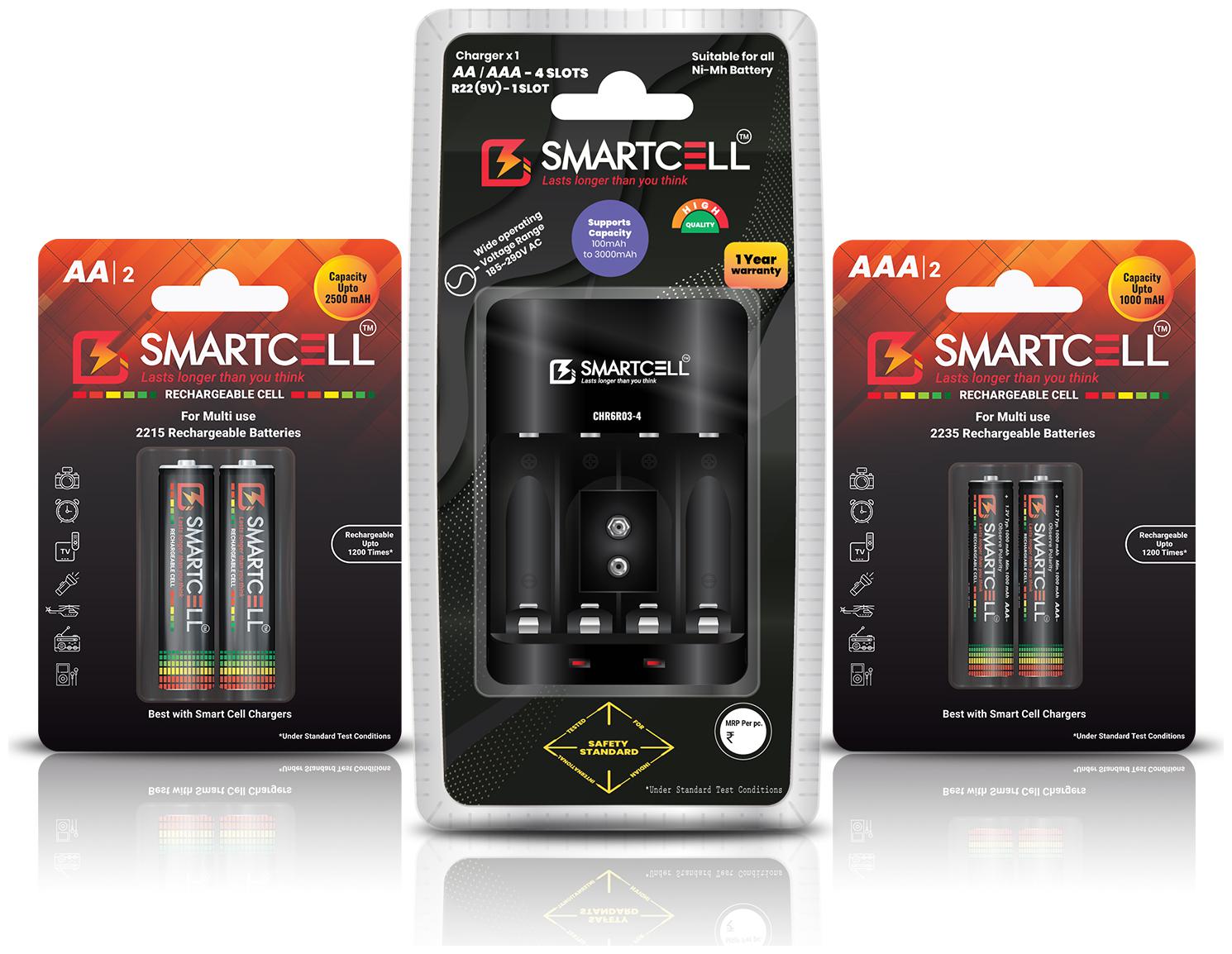 

Smartcell CHR6R03-4 NiMH AA AAA R22 9V Rechargeable Battery Charger with 2 AA 2500mAH and 2 AAA 1000mAH Rechargeable Battery
