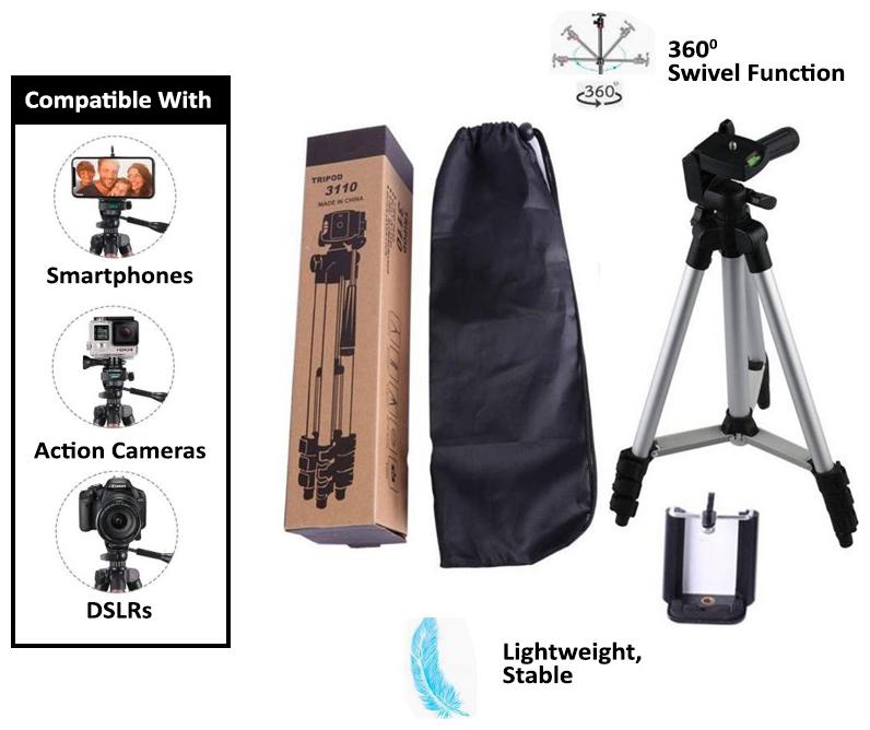 

TSV 3110 3-Dimensional Head Foldable Camera Tripod Stand with Mobile Clip Holder Bracket for Tiktok Video