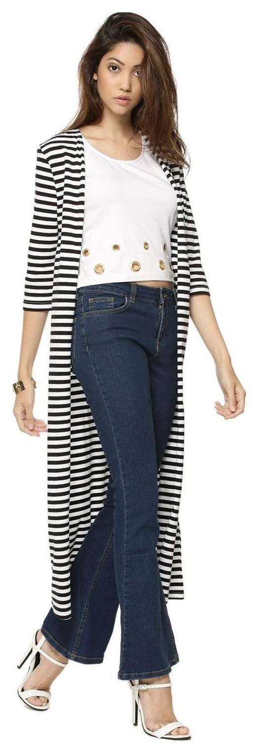 Raabta Black and White Strip Long Shrug