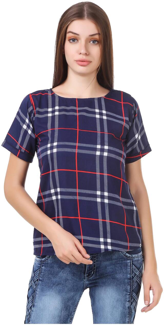 ZISAAN Crepe Checked Women Regular Top - Blue