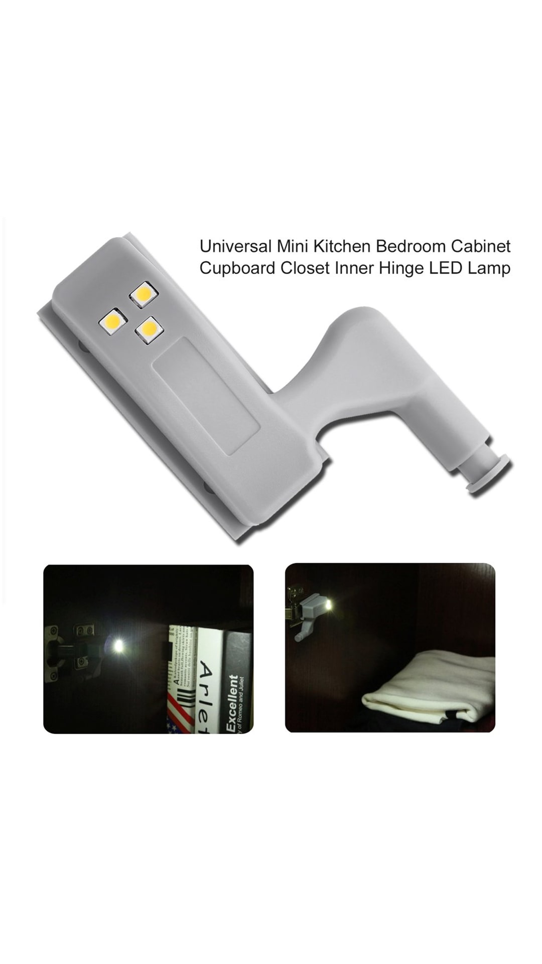 White Universal Mini Size Kitchen Bedroom Cabinet Cupboard Closet Wardrobe Inner Hinge LED Sensor Light Lamp System