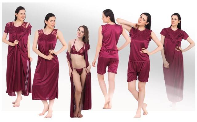 Fasense Set of Wine Nighty & Wrap Gown with Top n Shorts and a pair of Bra and Thong 