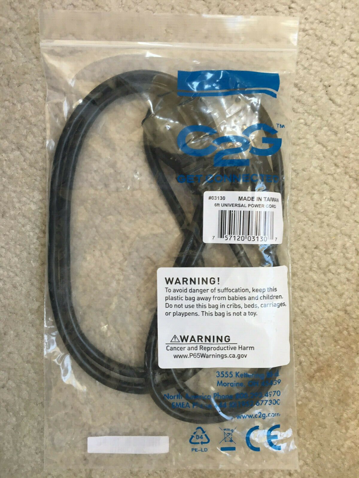 

C2G 03130 C2G 6ft 18 AWG Universal Power Cord (NEMA 5-15P to IEC320C13)
