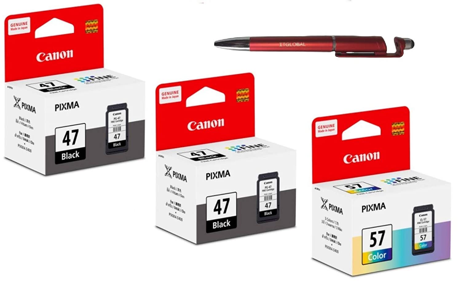 

Canon 47 Twin 57 Ink Cartridge Bundle with ITGLOBAL 3 in 1 Multi-Function Anti-Metal Texture Rotating Ballpoint Pen ( Set of 3 ) PG 47 Black CL 57 Colour
