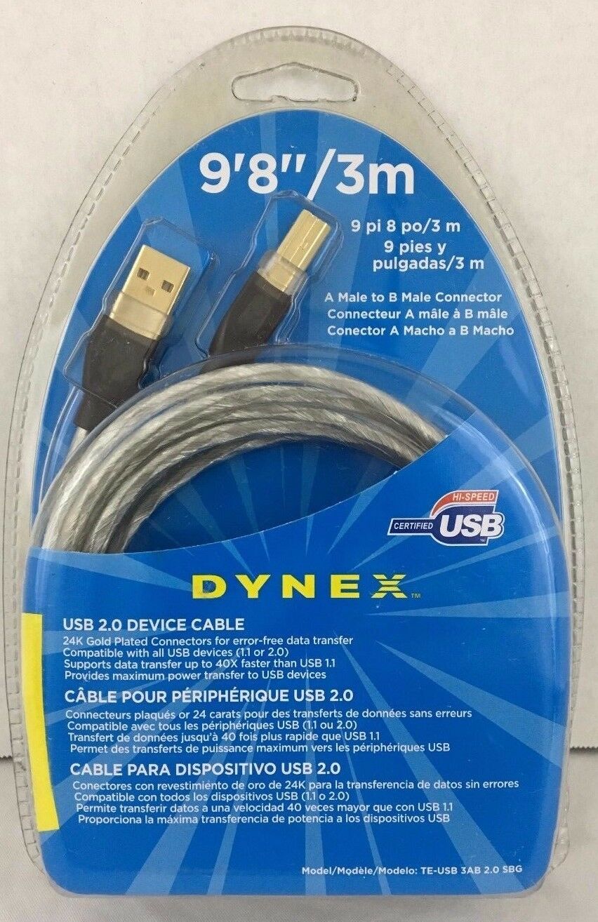 

Dynex USB 2 0 Device Cable 24k Gold Plated Connector 9 Foot 8 Inch NIB