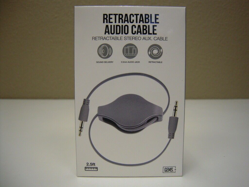 

GEMS 2 5 ft Retractable Audio Cable 3 5mm Aux Jack - Grey - BRAND NEW