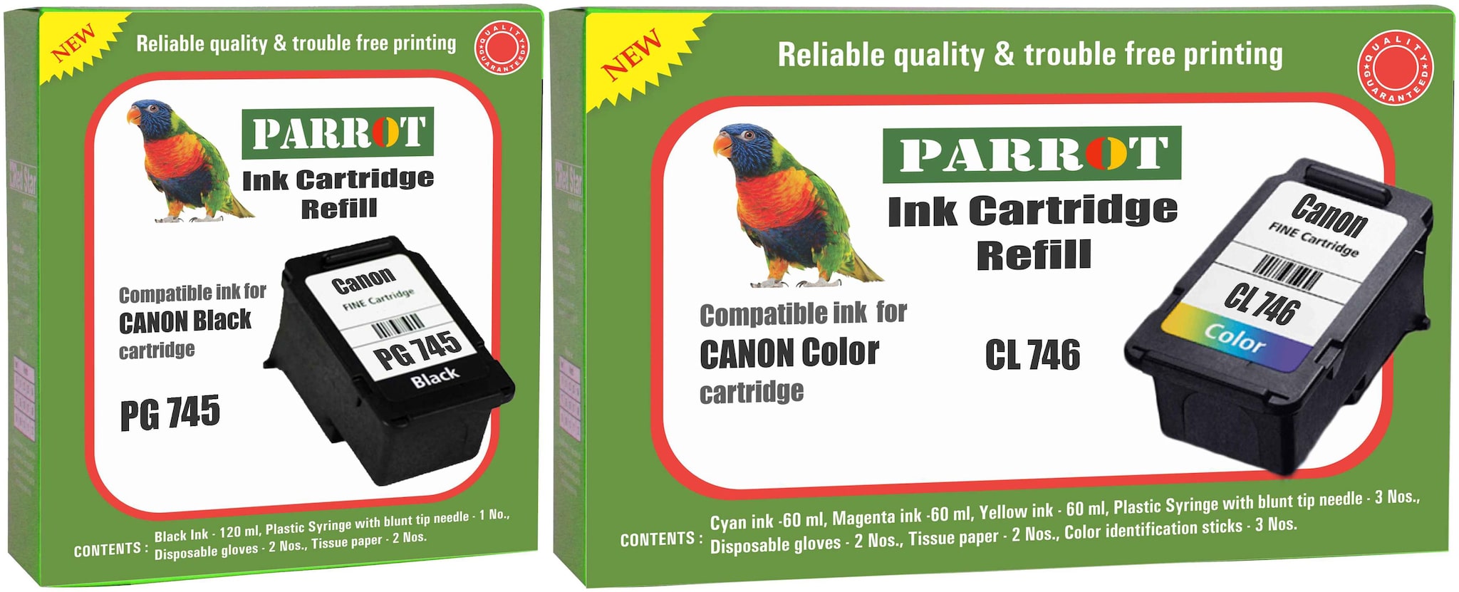 Parrot ink cartridge refill for Canon Pixma PG 745 black and CL 746 color, Combo