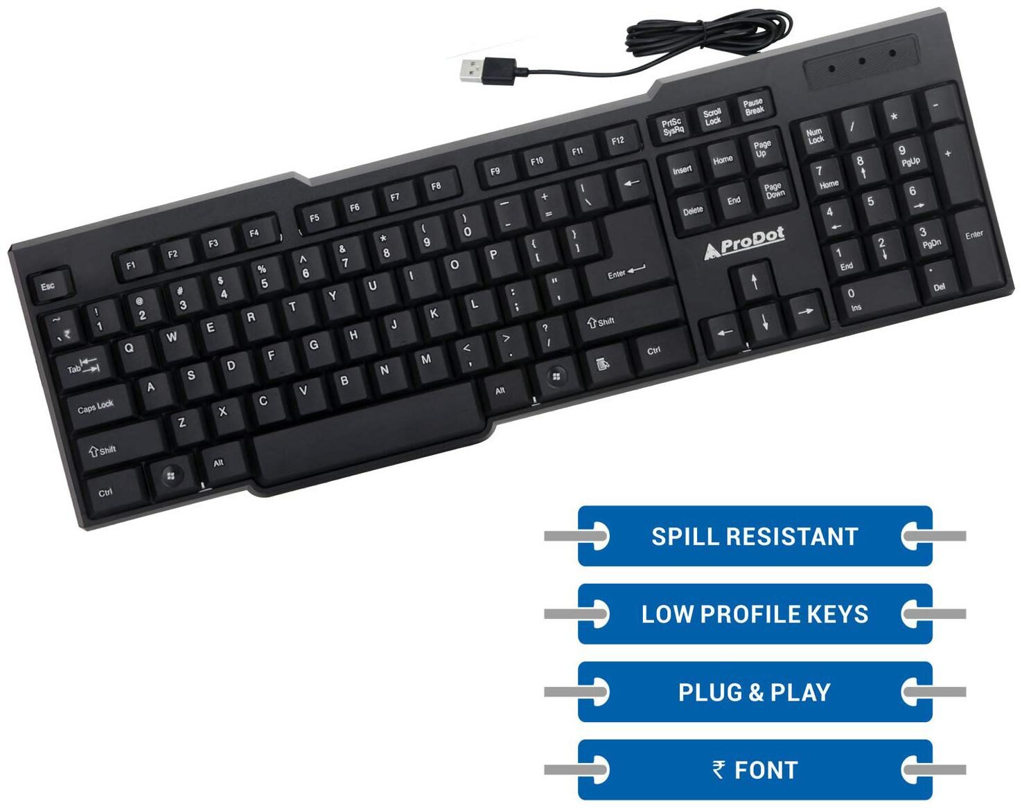 ProDot KB 207s Wired USB Standard Keyboard with 1.5 Meter Cable and Foldable Stands
