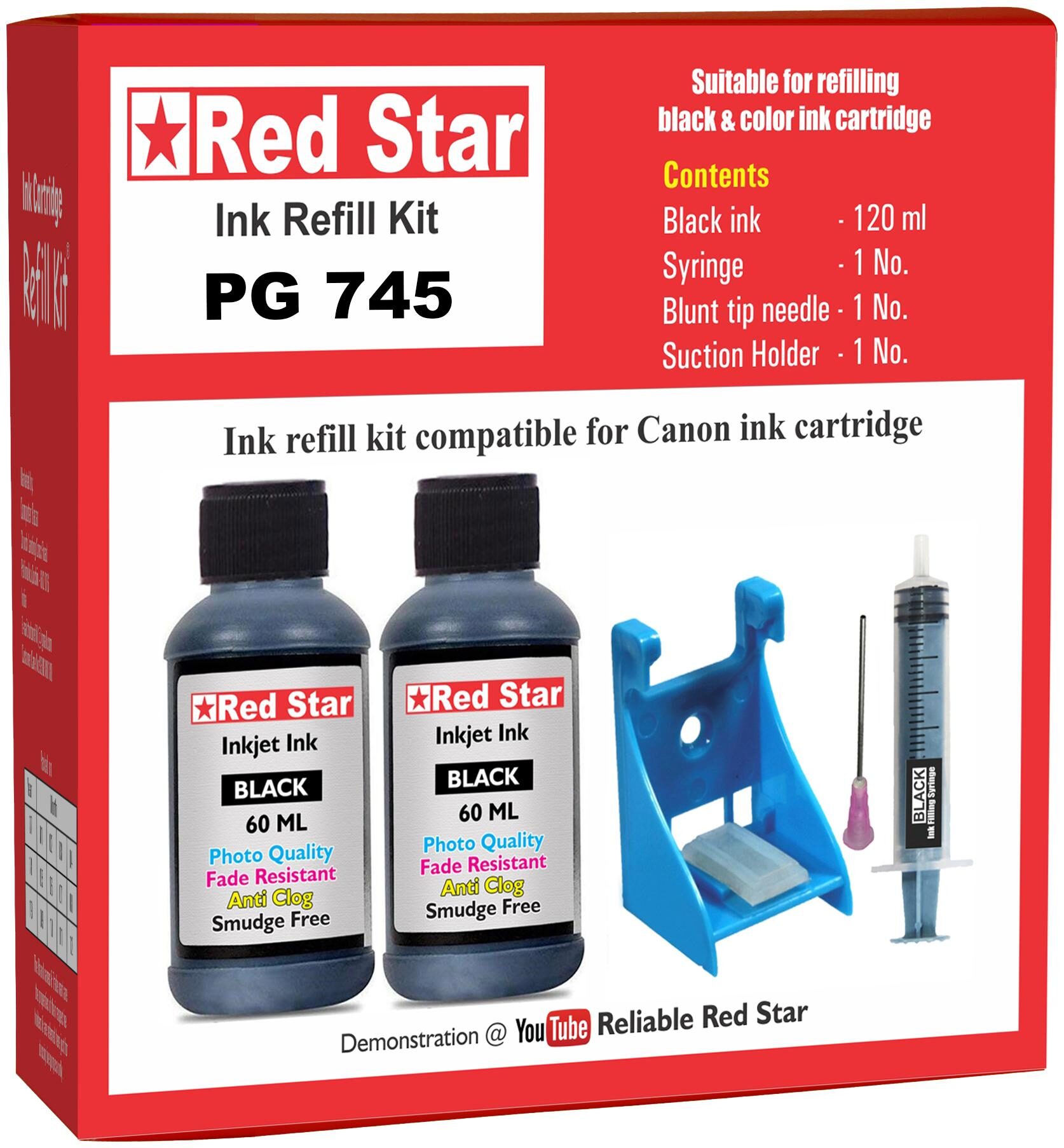

Red Star Ink Refill Kit With Suction Holder For Canon Pixma PG 745 Ink Cartridge (Black)