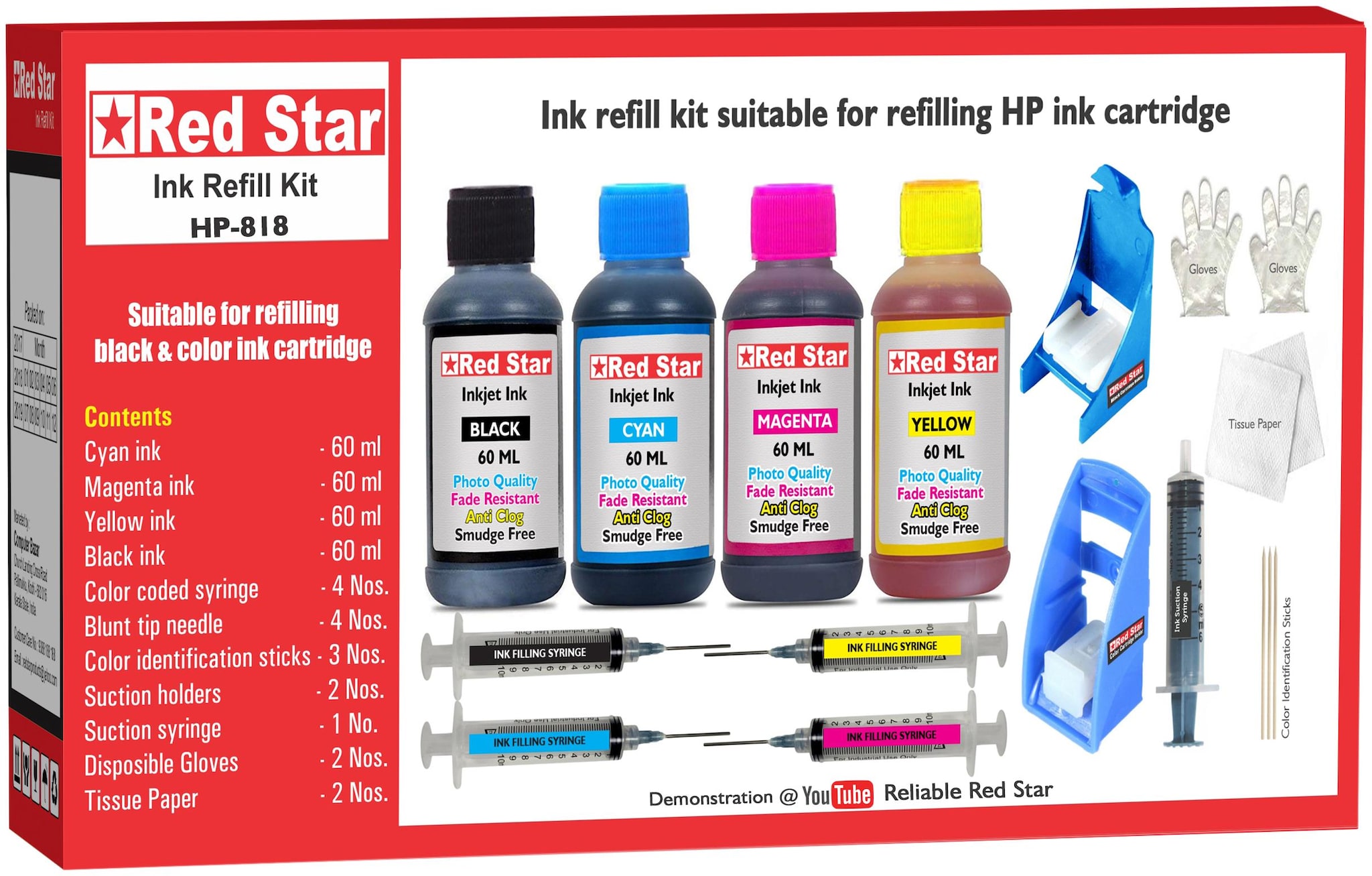 

Red Star Ink Refill Kit With Suction Holder For HP 818 Ink Cartridge (Multi)