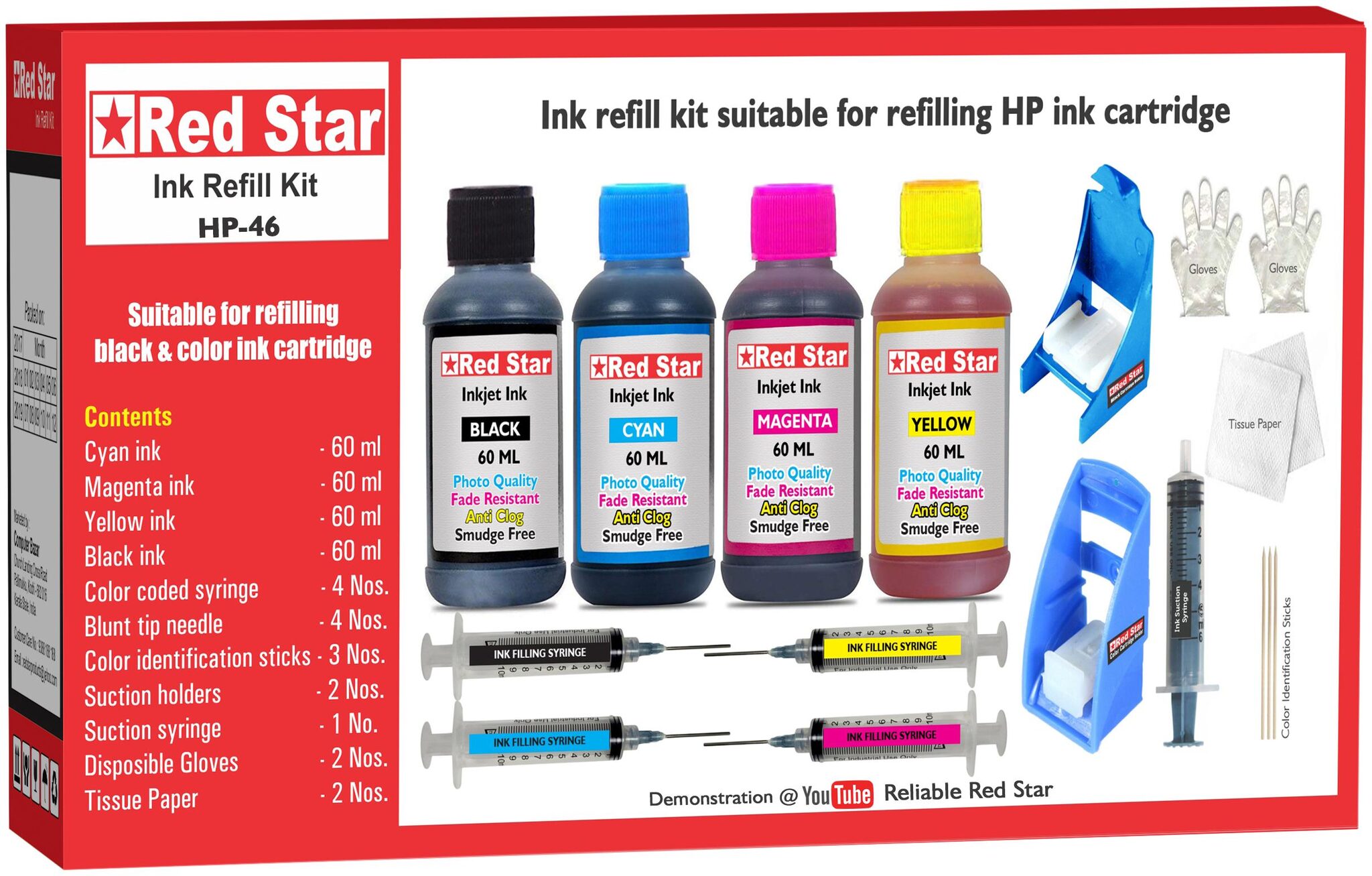 

Red Star Ink Refill Kit With Suction Hoder For HP 46 Black Color Ink Cartridge