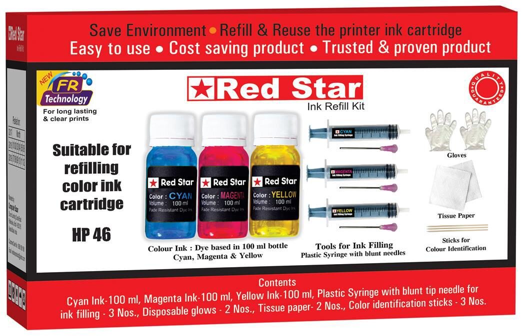 Red Star Ink refill for HP 46 multi colour ink cartridge, 300 ml, dye based, smudge free, fine flow, Tri colour ink and refill tools