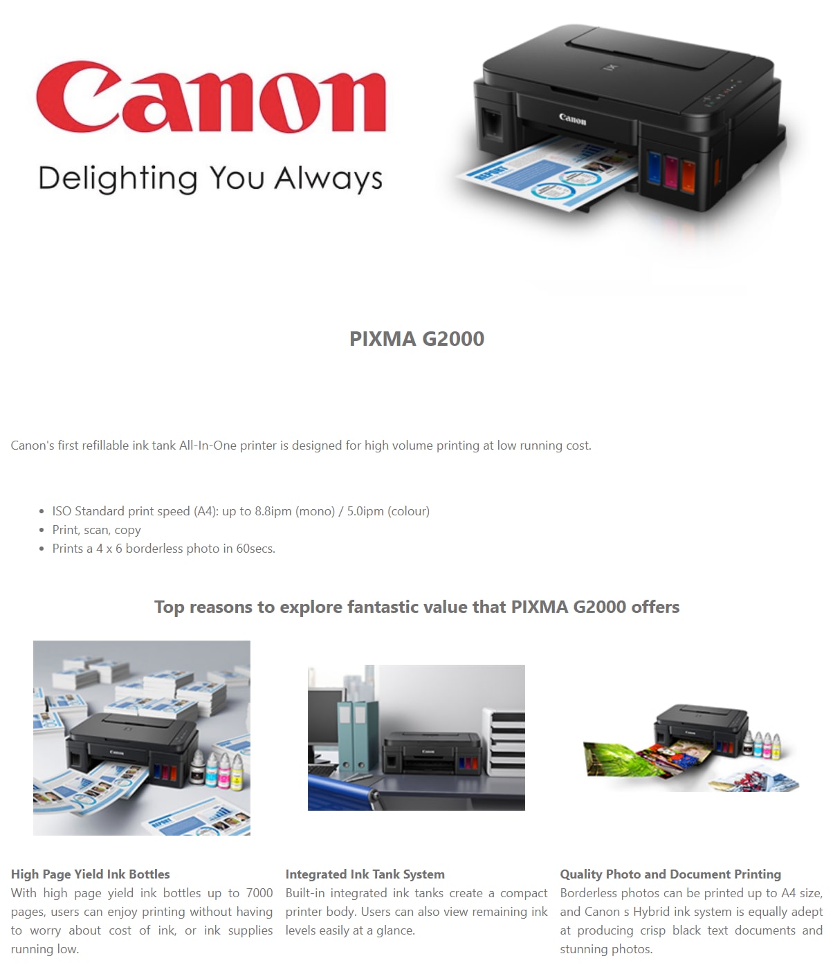 Buy Canon PIXMA G2000 MultiFunction Inkjet Printer Online at Low