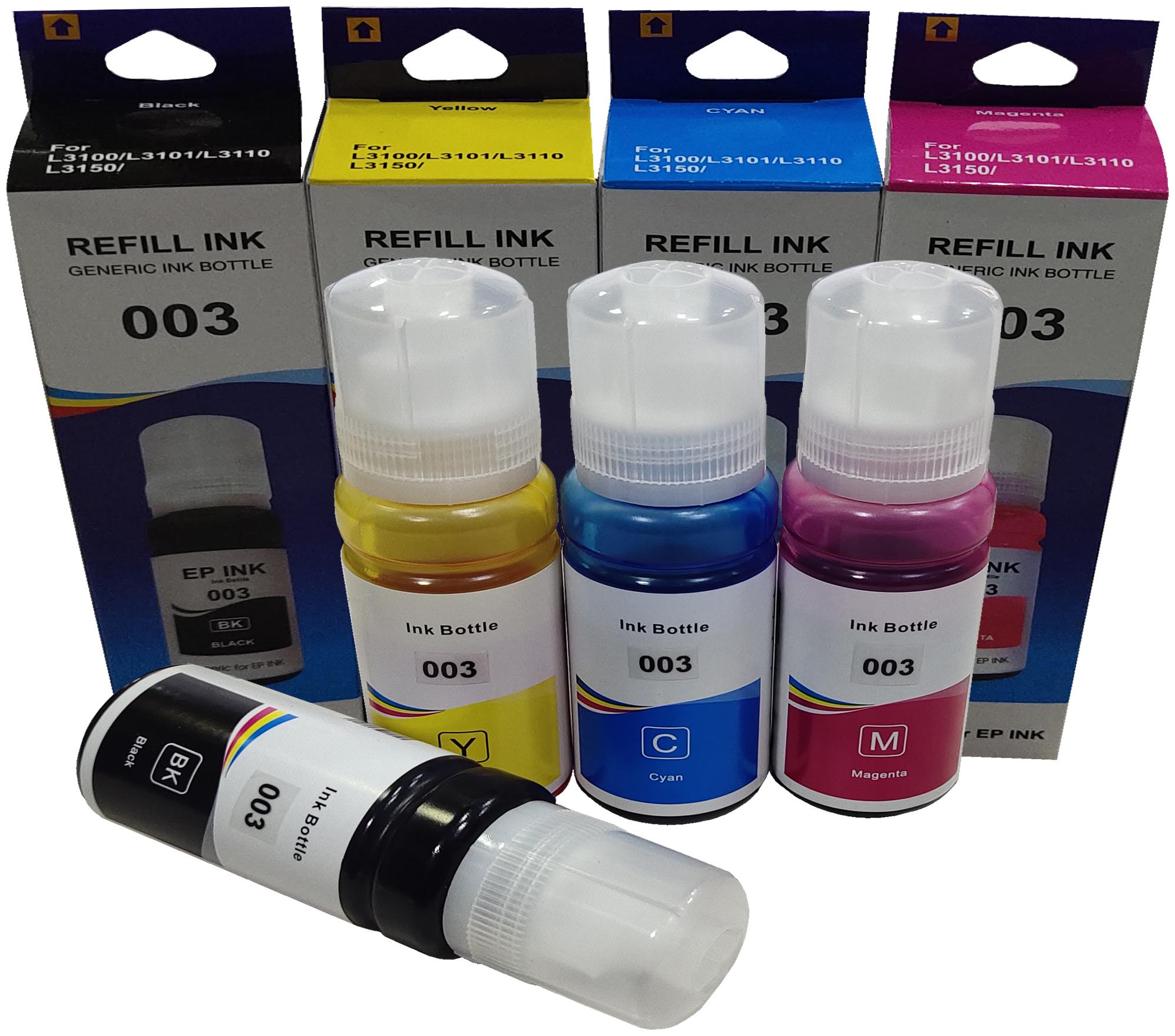 

UV INFOTECH PREMIUM QUALITY REFILL INK FOR EP 003 compatible for use with L3100 L3101 L3110 L3150 SERIES - 70ML EACH color bottle (Black Yellow cyan magenta)