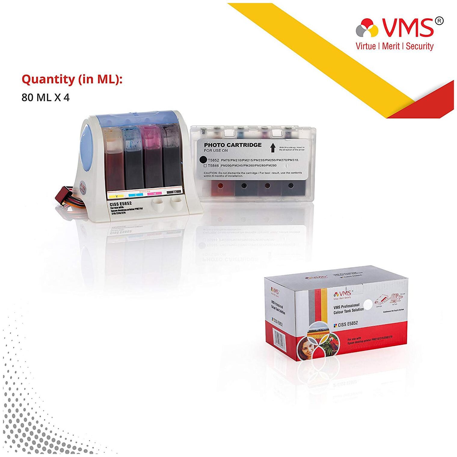 

VMS CISS 5852 Professional Colour Continuous Tank Supply SysteTank T5852 and Epson Desktop Printer 80mlx4 (Black Magenta Cyan Yellow)