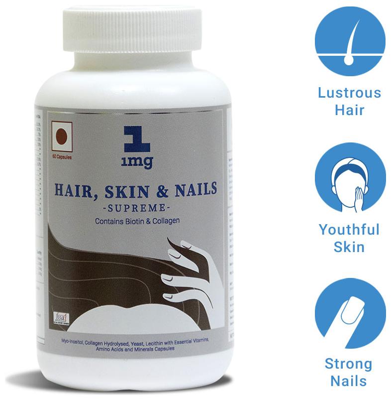 

1mg Hair Skin Nails Supreme Collagen Biotin Zinc Iron and Vitamin B Supplement with Multimineral 60 Collagen Biotin Capsule (Pack of 1)