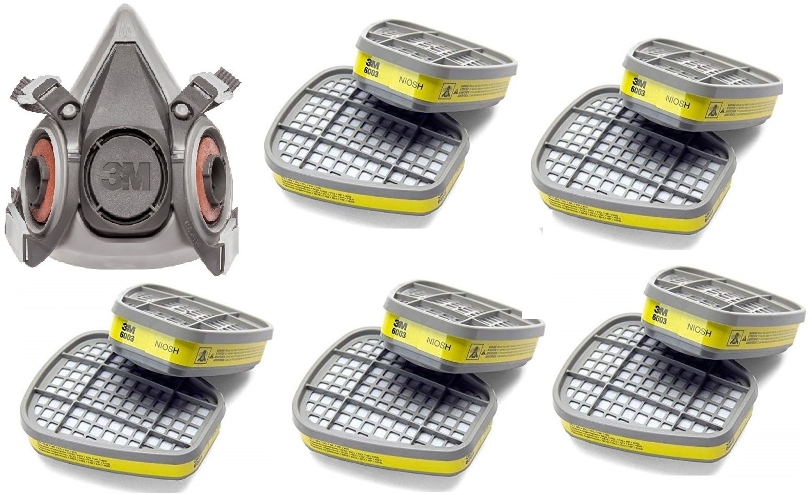 

3M Half Facepiece Reusable Respirator 6200 pack of 1 and Organic Vapor or Plastic Acid Gas Cartridge 6003 five pair