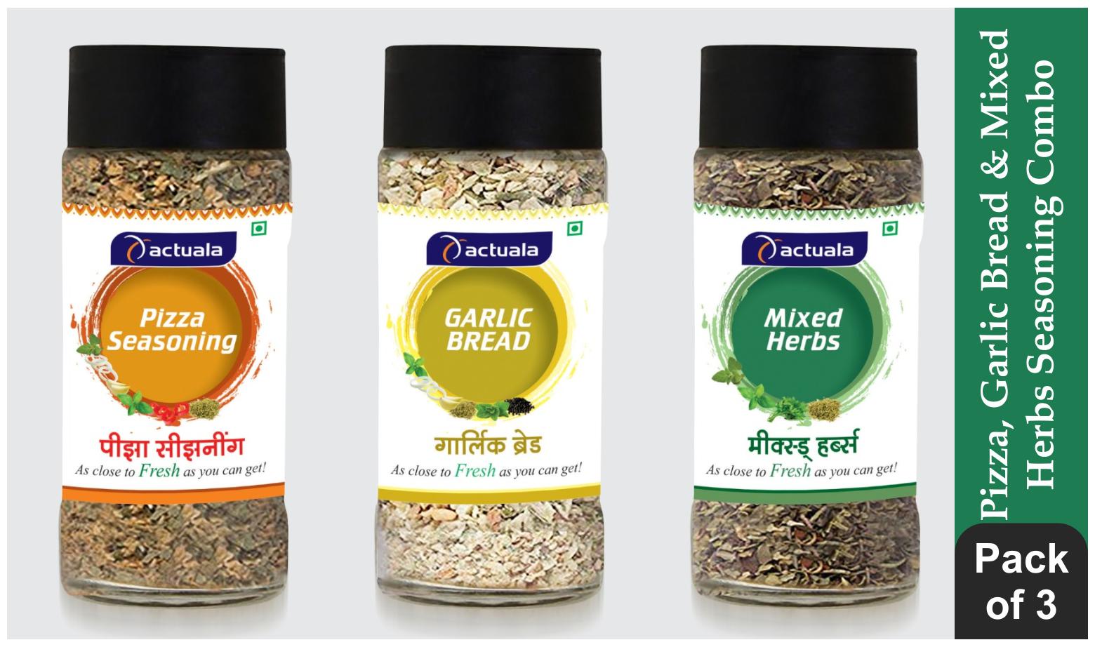 

Aactuala Combo of Pizza Seasoning 40gm Garlic Bread Seasoning 40gm Mixed Herbs 25 gm (Pack of 3)