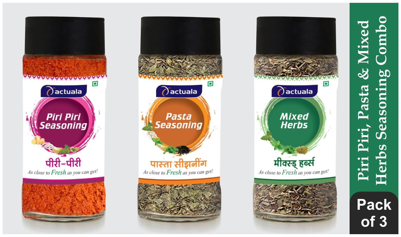 

Aactuala Combo of Piri Piri 40 gm Pasta Seasoning 40 gm Mixed Herbs 25 gm (Pack of 3)