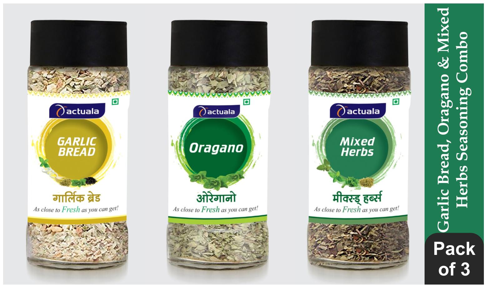 

Aactuala Combo of Garlic Bread Seasoning 40gm Oregano Seasoning 25 gm Mixed Herbs 25 gm (Pack of 3)