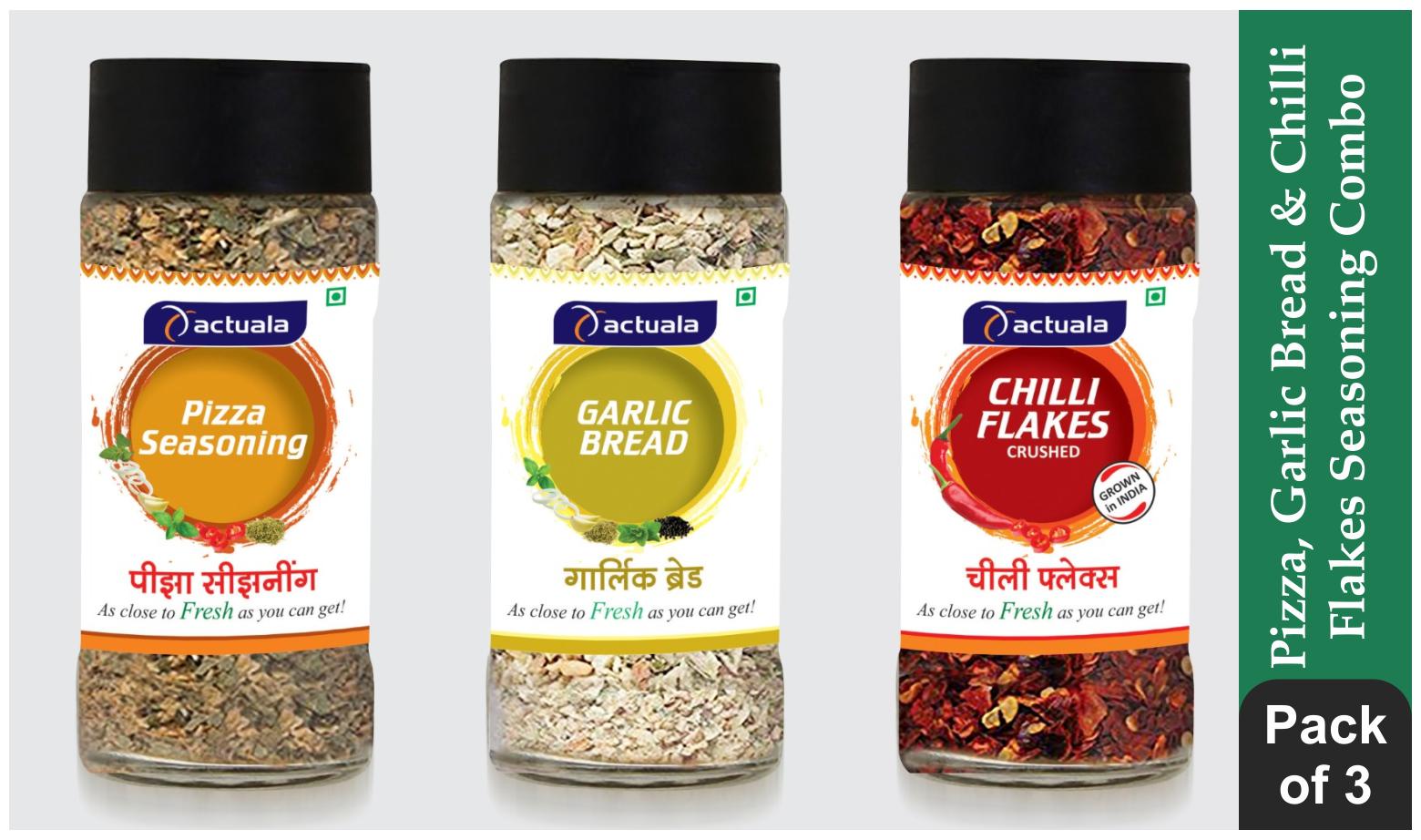 

Aactuala Combo of Pizza Seasoning 40gm Garlic Bread Seasoning 40gm Chilli Flakes 40 gm (Pack of 3)