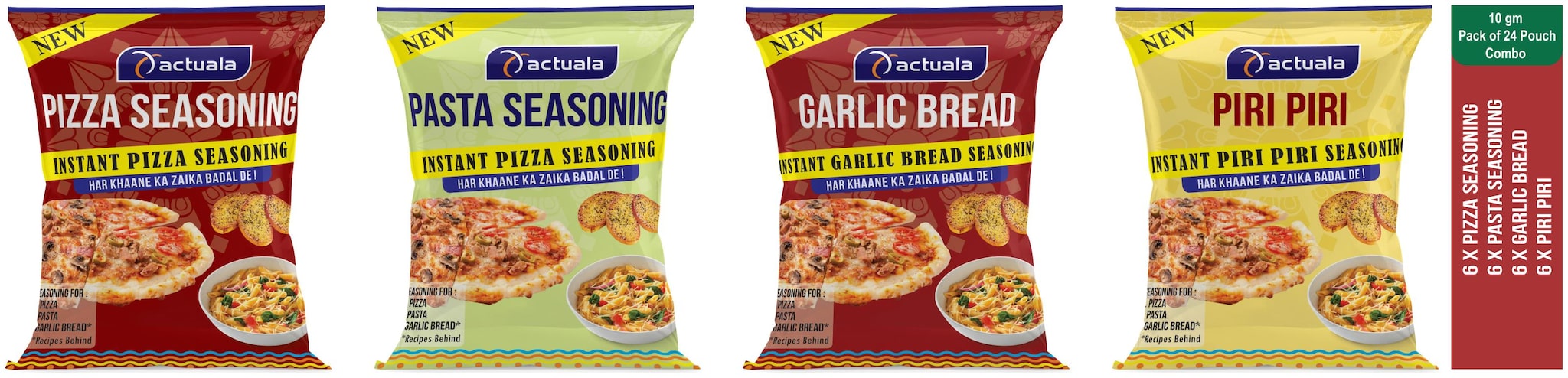 

Aactuala Combo Of Pizza Seasoning - 10g( Pack Of 6) Pasta Seasoning- 10g (Pack Of 6 ) Garlic Bread Seasoning - 10g( Pack Of 6) Piri Piri Seasoning - 10g (Pack Of 6 )