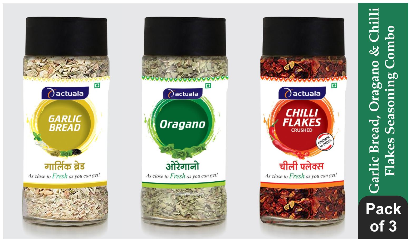 

Aactuala Combo of Garlic Bread Seasoning 40 gm Oregano Seasoning 25gm Chilli Flakes 40 gm (Pack of 3)