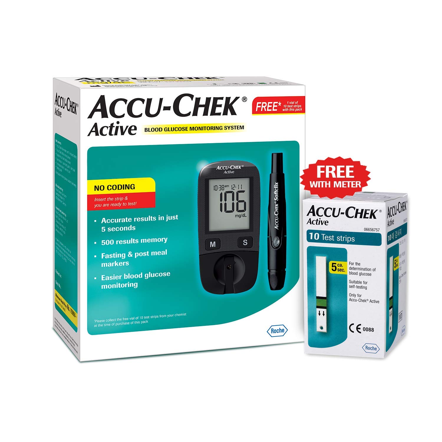 

Accu-Chek Active Blood Glucometer (Free 10 test Strip)