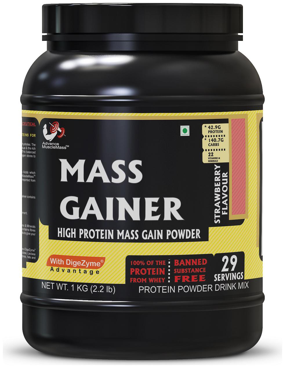 

Advance MuscleMass Mass Gainer with Digestive enzymes 24 3 g protein Lab tested Raw Whey from USA Strawberry 1 Kg (2 2 lbs)