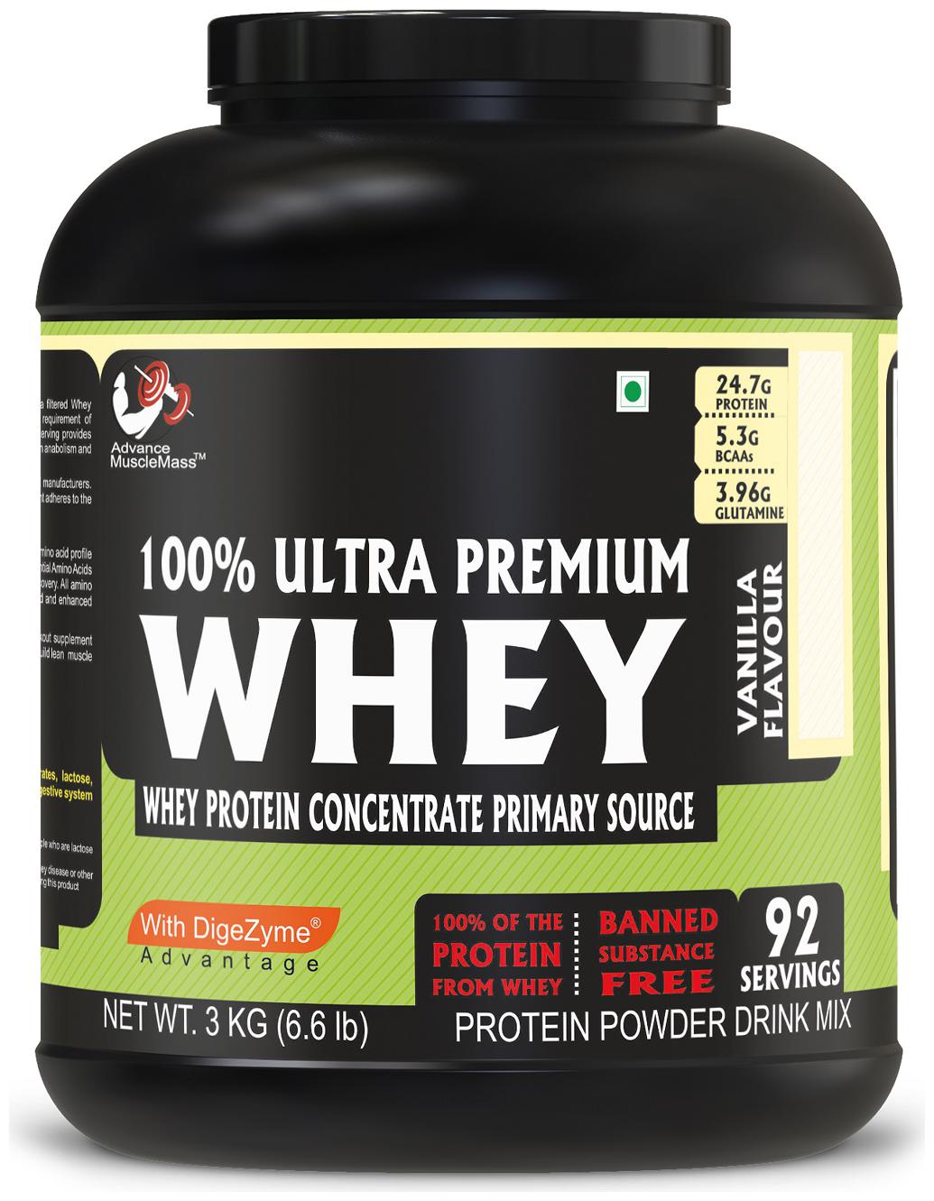 

Advance MuscleMass Whey Protein Concentrate With Enzyme Blend 24 7 g protein Lab tested Raw Whey from USA Vanilla 3 Kg (6 6 lb)