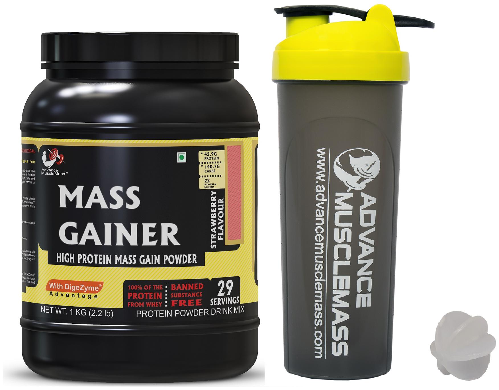 

Advance MuscleMass Mass Gainer with Digestive enzymes 24 3 g protein Lab tested Raw Whey from USA Strawberry 1 Kg (2 2 lbs) with Shaker 700 ml