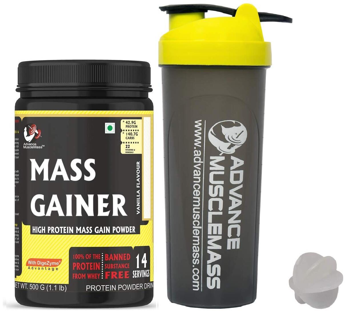 

Advance MuscleMass Mass Gainer with Enzyme Blend 7 15 G Protein Lab tested Raw Whey from USA ( Vanilla Flavour 500 G (1 1 lb) with Shaker 700 ml
