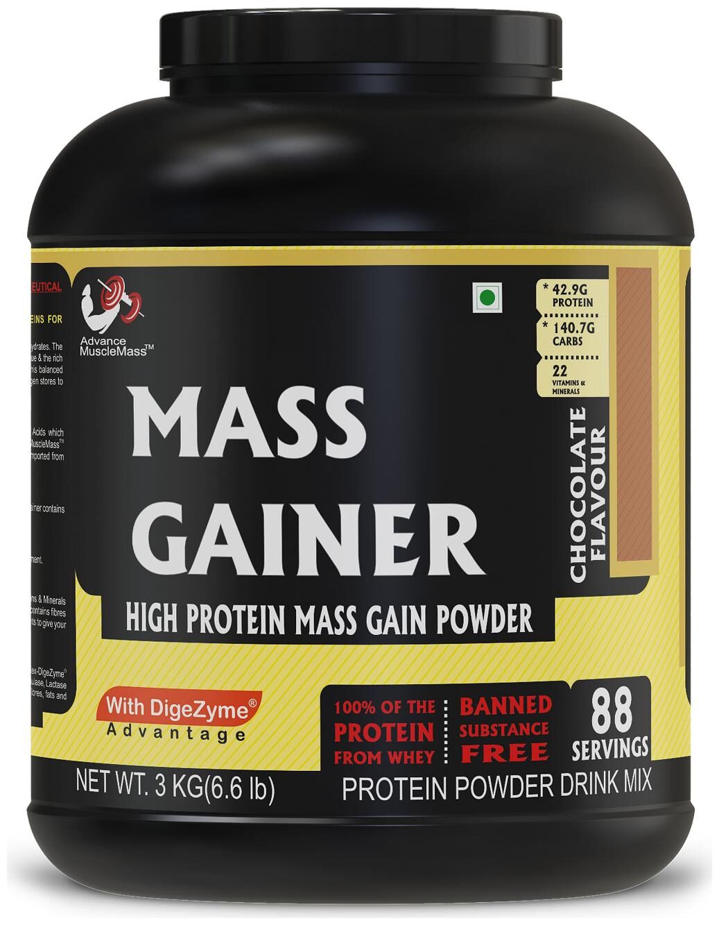 

Advance MuscleMass Mass Gainer with Digestive enzymes 24 3 g protein Lab tested Raw Whey from USA Chocolate 3 Kg (6 6 lbs)
