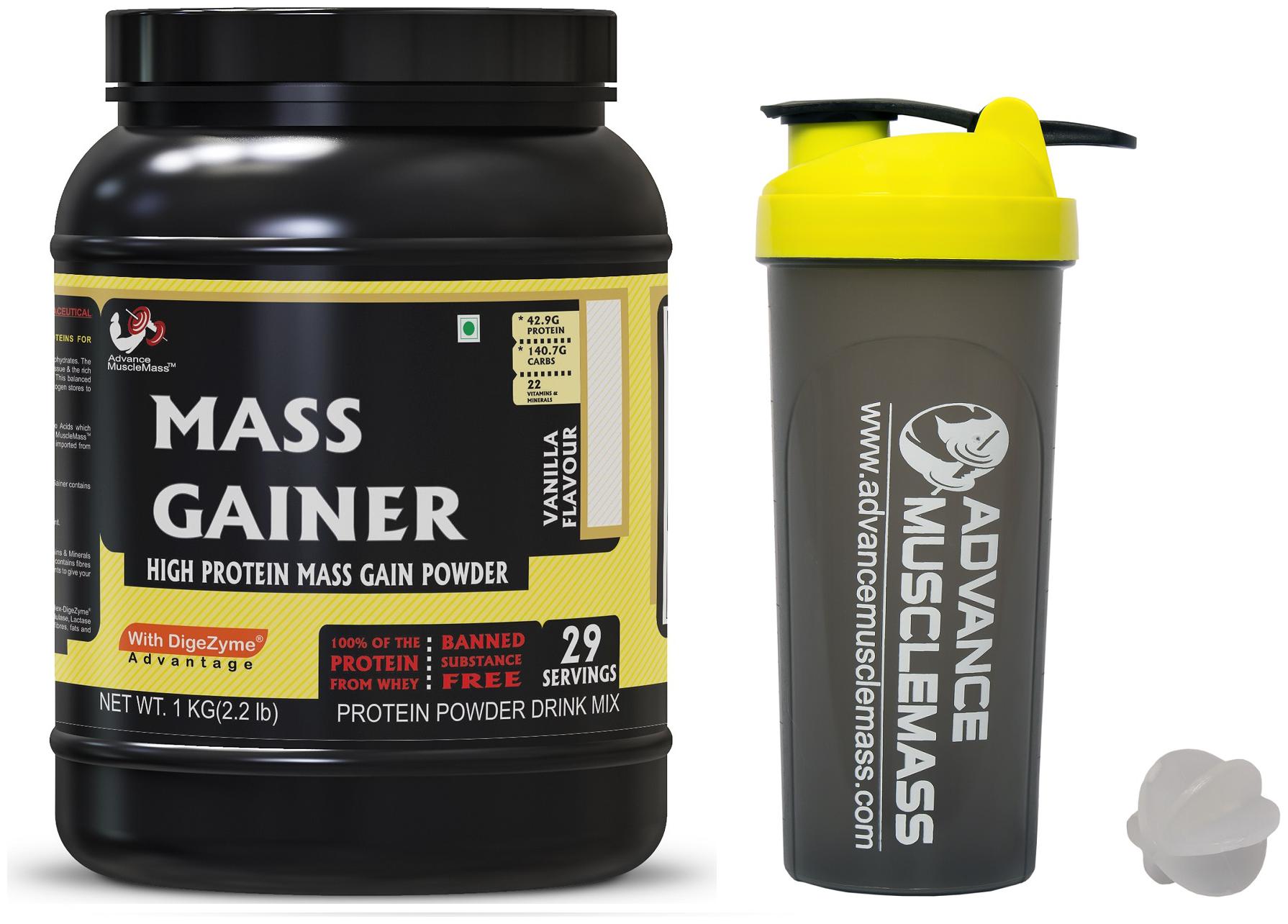 

Advance MuscleMass Mass Gainer with Digestive enzymes 24 3 g protein Lab tested Raw Whey from USA Vanilla 1 Kg (2 2 lbs) with Shaker 700 ml
