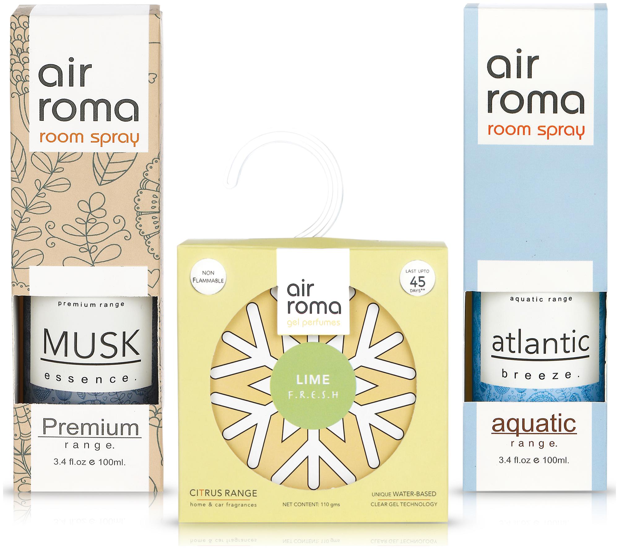 

AIR-ROMA Lime Fresh Gel Air Car Freshener 110 g Musk and Atlantic Breeze Room Spray 100 ml (Pack of 3)