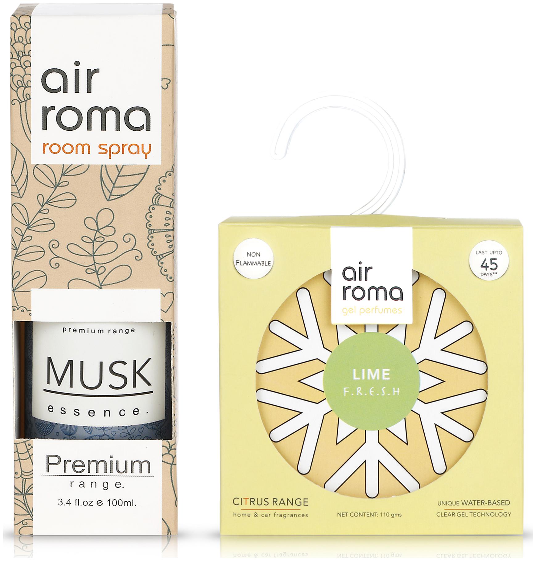 

AirRoma Lime Fresh Gel Air Freshener 110g Musk Essence Air Freshener Spray 100 ml (Pack of 2)