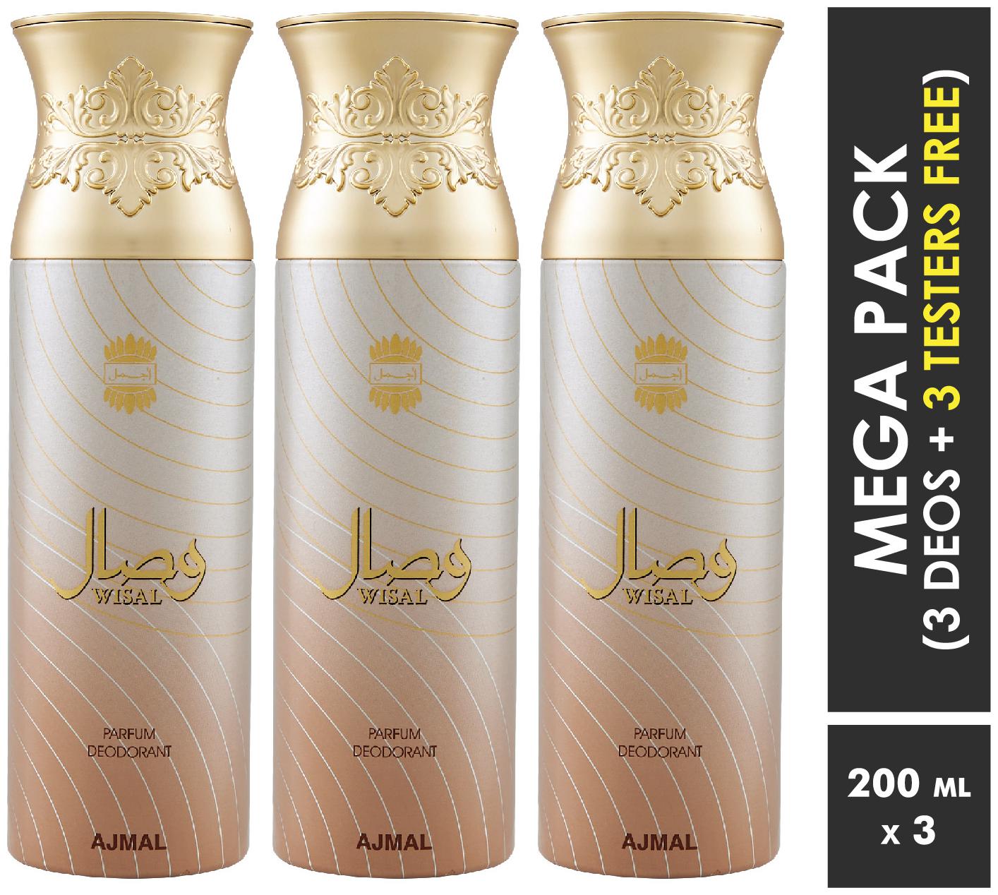

Ajaml Wisal Deodorants Spray For Women 200ml each (Pack of 3 600ml) 3 Parfum Testers Free