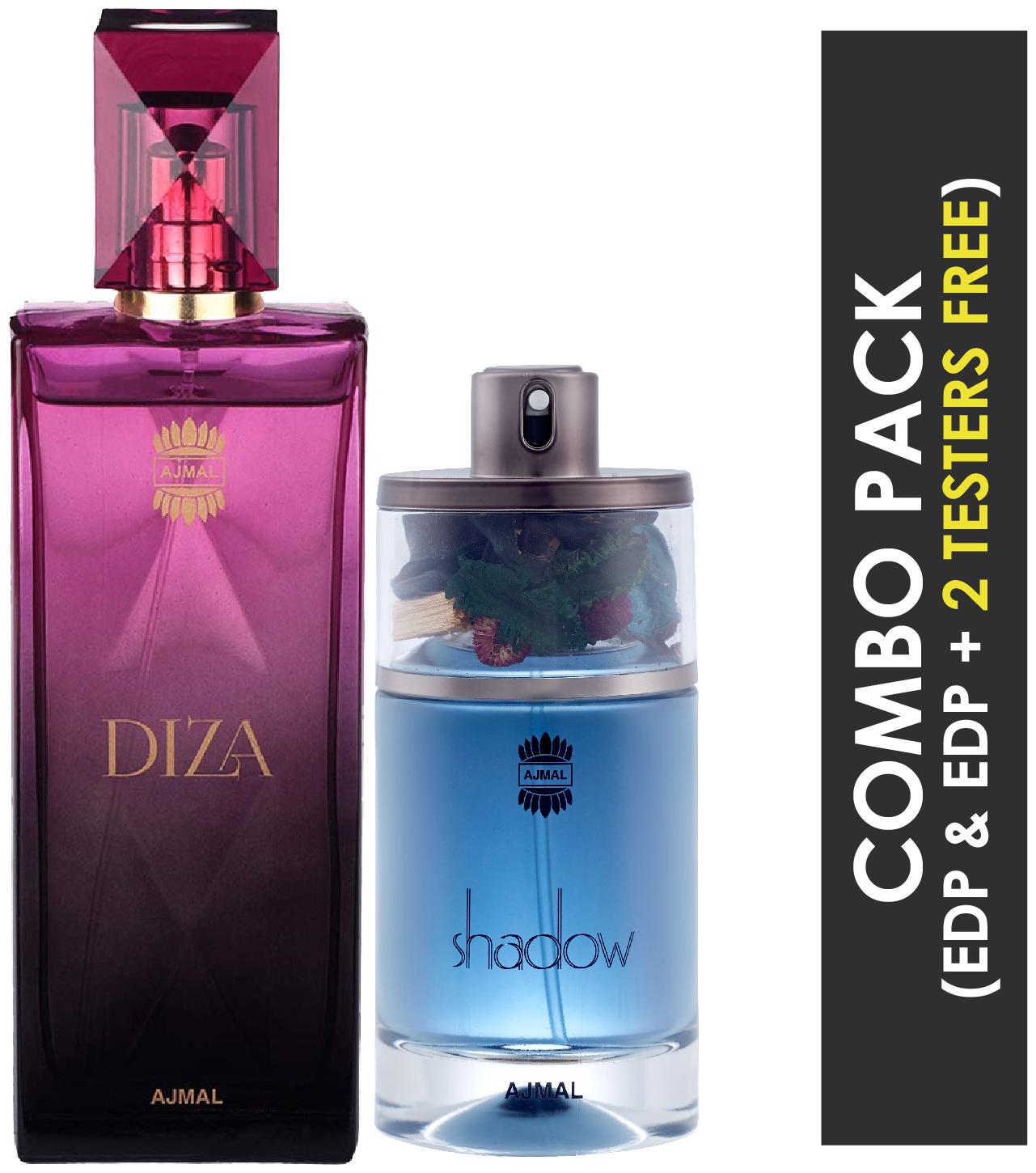 

Ajma Diza EDP Fruity Floral Perfume 100ml for Women and Ajmal Shadow HIM EDP Spicy Woody Perfume 75ml for Men